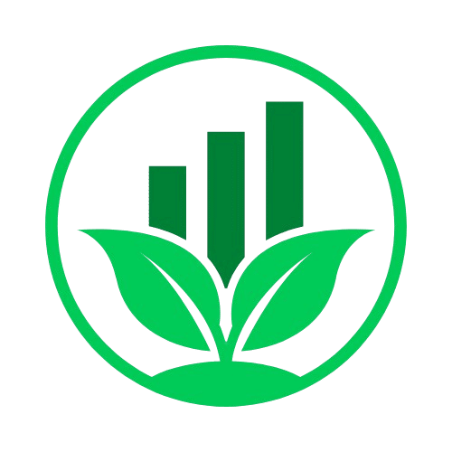 Logo dengan desain grafik batang hijau dan daun